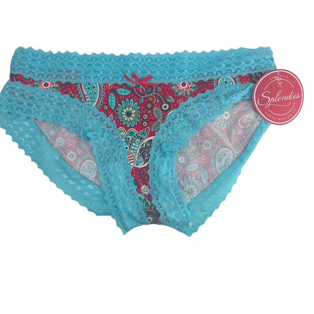 Splendies Colorful Paisley Print Blue Lace Trim Panty  Womens Size Small